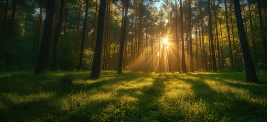 Fototapeta premium Sunlight Streaming Through Tall Trees in Lush Green Forest.