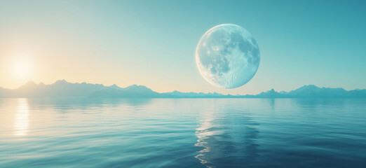 Fototapeta premium Stunning surreal landscape with large moon over tranquil ocean at sunrise.