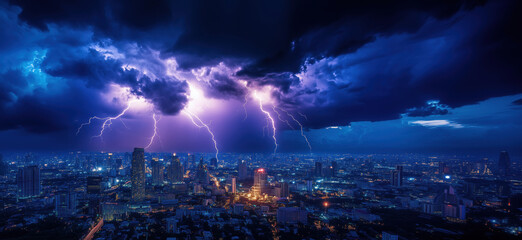 Dramatic lightning storm over city skyline at night with vibrant purple clouds.