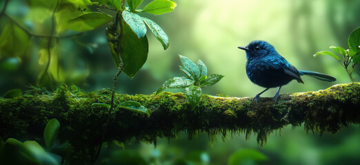 Obraz premium Blue bird perched on mossy branch in lush green rainforest environment.