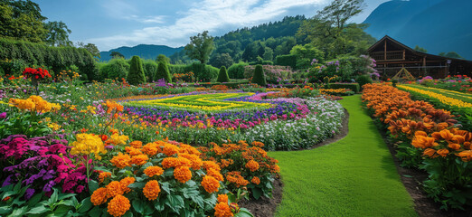 Obraz premium vibrant flower garden with colorful blooms and scenic mountain backdrop.