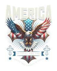 Patriotic Emblem: A powerful eagle, its wings adorned with the stars and stripes of the American flag, soars triumphantly against the backdrop of a symbolic cross, representing liberty and faith.