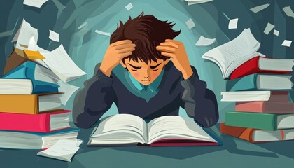 Stressed Student Struggling With Challenging Homework, Overwhelmed By Excessive Information And Piles Of Books.