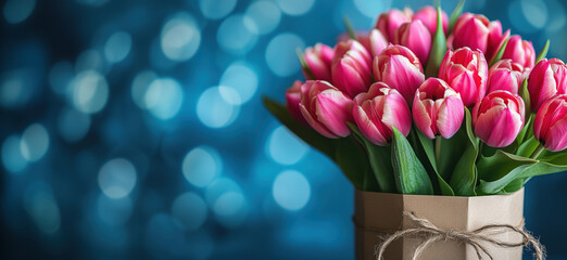 Beautiful bouquet of pink tulips in decorative box with blue bokeh background.