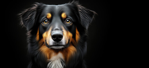 Portrait of a black and tan Australian Shepherd with expressive eyes and glossy fur.