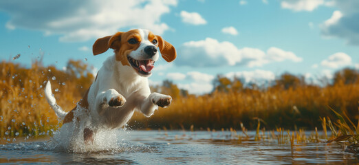 Beagle dog joyfully running through water in sunny autumn landscape.