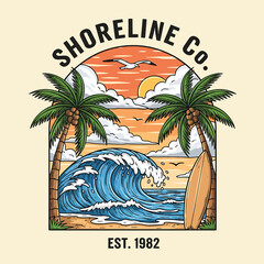 A seaside paradise graphic features palm trees, a surfboard, and a rolling wave under a warm sun, perfect for beach-themed branding, travel designs, and coastal lifestyle promotions.