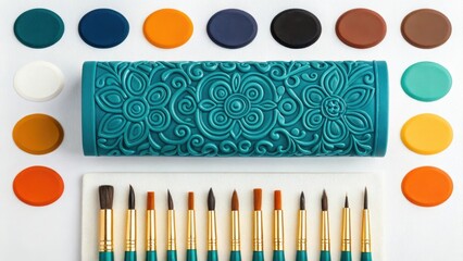 Colorful paint brushes and watercolor set for artistic design