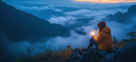 Serene mountain view at dawn with woman holding candle in foggy landscape.