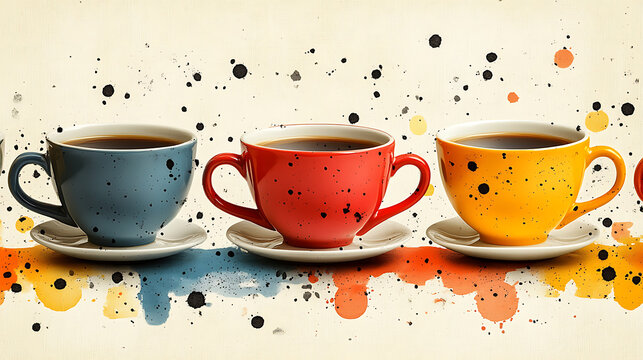 Three Colorful Cups of Coffee on an Artistic Background