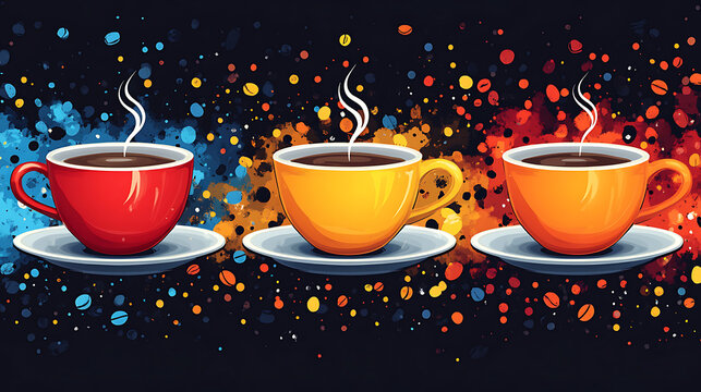 Three Colorful Cups of Coffee on a Vibrant Background