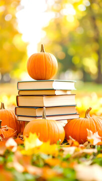 B&uuml;cherstapel neben K&uuml;rbissen im Wald 