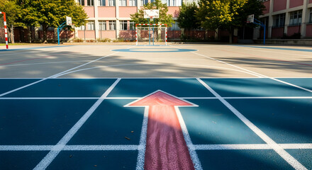 Red Arrow Directs Towards Goals On Multipurpose School Sport Court