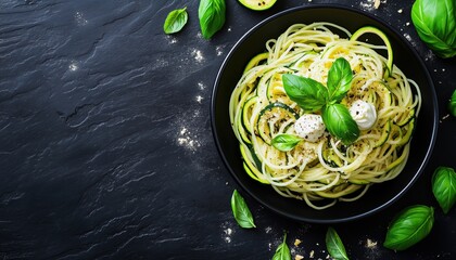 Delicious Vegetarian Pasta Dish: Zucchini And Basil Spaghetti With Creamy Cheese Sauce On Elegant Black Stone Table. Creative Zucchini Noodles Presentation. Ample Space For Customization.