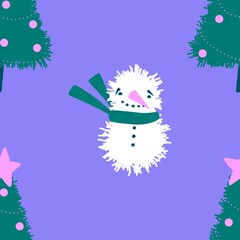 Christmas tree seamless snowman pattern for wrapping paper and fabrics