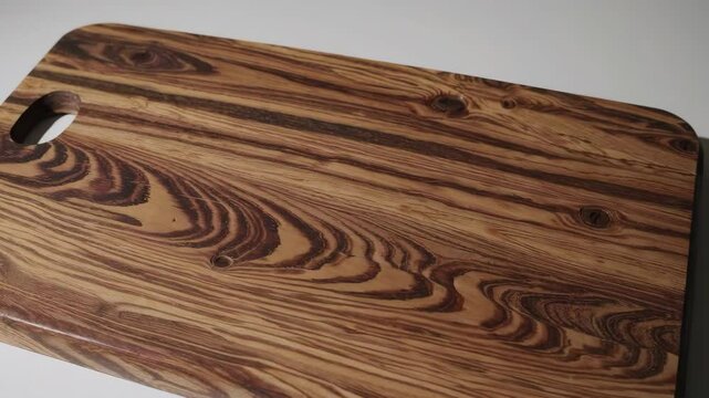 Elegant wooden cutting board with intricate grain patterns on rotating display