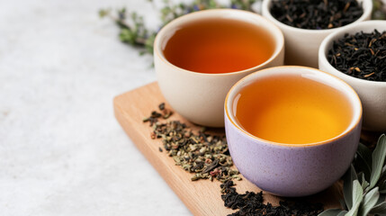 assortment of different teas in ceramic bowls on weathered wooden board