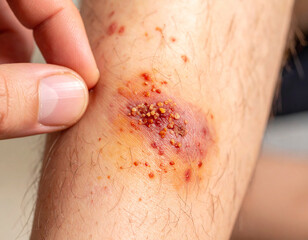 A close-up of granulated skin forming unevenly around an infected wound on a man�s leg with discoloration.