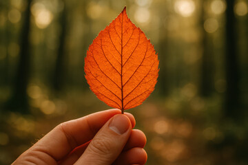 Holding a vibrant autumn leaf with a soft focus forest background