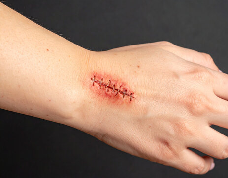 A stitched wound on the forearm showing signs of infection with puffiness, redness, and slight oozing of fluid.