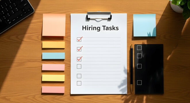 Organizing Hiring Tasks Checklist With Office Supplies On Wooden Desk Surface - Powered by Adobe