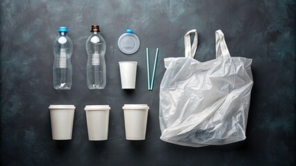 Blue background features an isolated plastic grocery bag and a blank brown paper bag