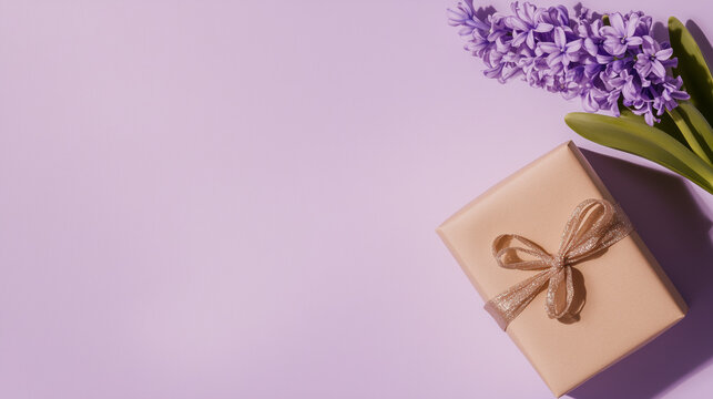 composition with blooming hyacinths and wrapped presents