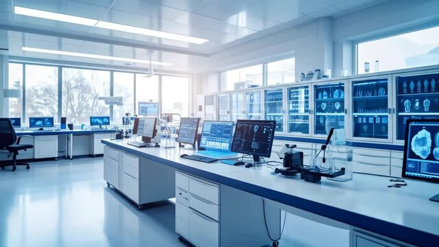 Modern Bright Laboratory Interior With Technology Displays