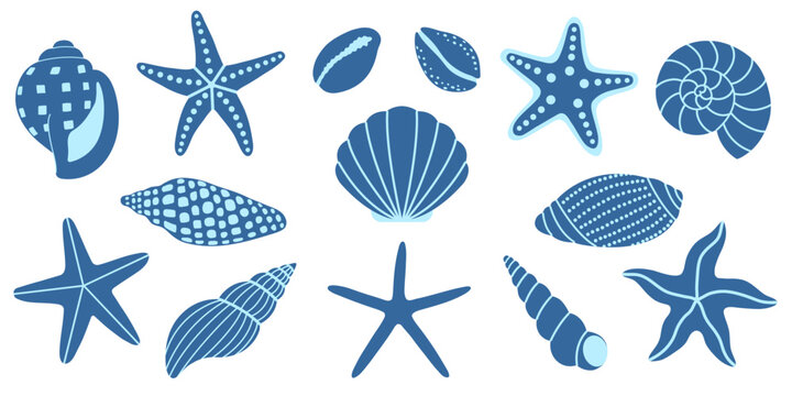 Set of stylized blue sea shells and starfish icons in flat silhouette style. Nautical cartoon vector collection. For scrapbooking, background, summer, beach, vacation, tropical, card, ocean design.