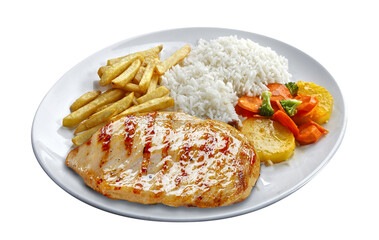 Grilled chicken breast, rice, salad, French fries