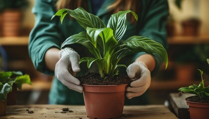 Caring For Spring Houseplants: Repotting And Reviving Indoor Plants. Woman Transplants Spathiphyllum Plant Into New Pot With Selective Focus.