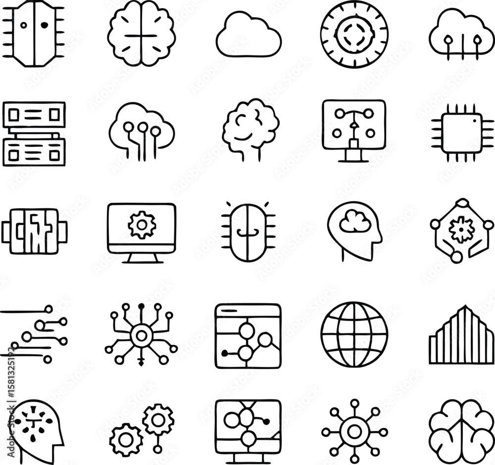 Poster collection of black and white line art icons depicting microchips brains algorithms data analysis an