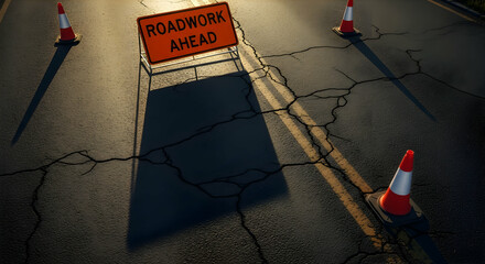 Roadwork ahead sign and safety cones on cracked asphalt road surface creating awareness