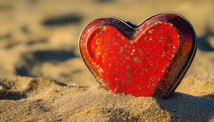 Heart-Shaped Red Tin In The Golden Desert Sand Captured In A Close-Up Shot. This Stunning Image Is Already Done.