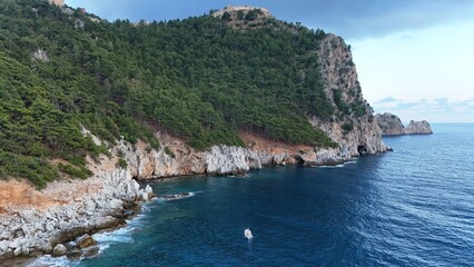 Fototapeta premium Coastal rocky landscape. Cliffside forest coastline Coastal rocky