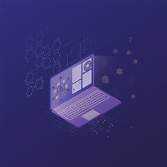 Isometric Laptop with Digital Interface and Futuristic HUD – Purple Theme Vector