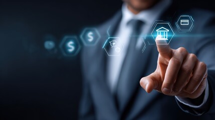 Businessman Touching Digital Banking Icon on Virtual Interface
