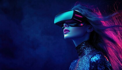 Futuristic Beauty: Woman Wearing Flowing Hair And High-Tech Dress, Wearing Virtual Reality Glasses In Dark Augmented Reality Game.