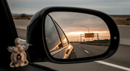 Fototapeta premium Reflections on the Road: A Journey Through Sunset and Roadwork Anticipation Ahead