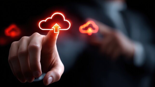 Businessman Activating Cloud Upload Icon