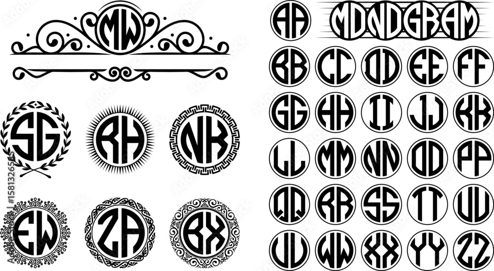 Fototapete two letters circle initial monogram logo design set with frame.