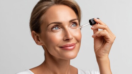 Fototapeta premium Smiling Woman Applying Face Serum With Dropper