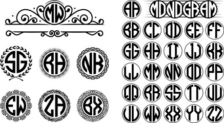 Two letters circle initial monogram logo design set with frame.