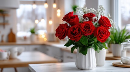 Red Roses in White Vase on Kitchen Countertop