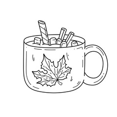 Hand drawn hot drink mug with maple leaf decor, cinnamon and marshmallow. Doodle outline illustration. Autumn vector illustration isolated on white background