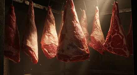 Hanging Raw Meat Cuts Showcase for Butcher Shop Display, Perfect Steak and Roast Beef