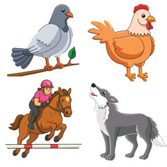 Pigeon, Hen, Horse and Rider, and Wolf Illustrations