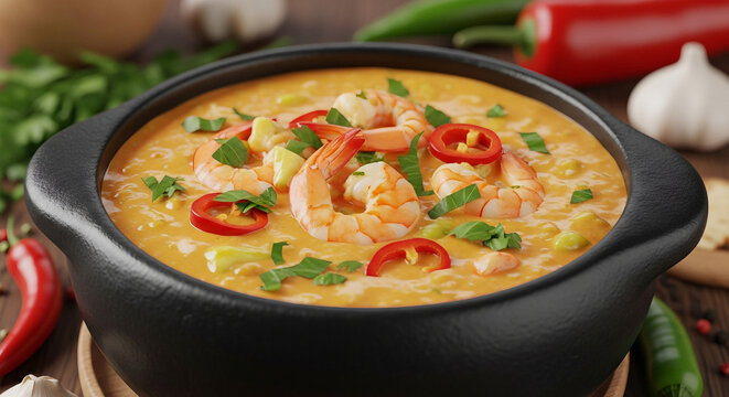 Moqueca cremosa de camar&atilde;o servida em panela, com piment&atilde;o e folhas frescas de coentro, em um ambiente r&uacute;stico e acolhedor. Imagem gerada por IA.