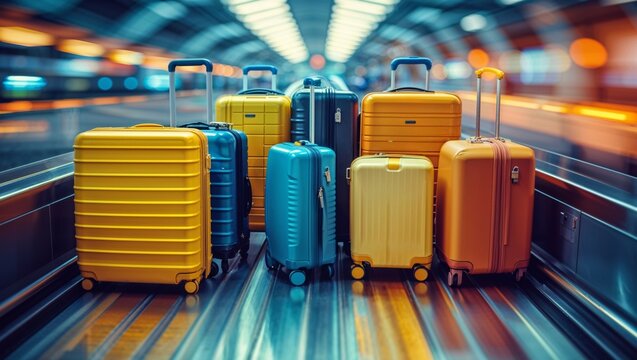 Brightly colored suitcases on an airport travelator, perfect for travel and adventure. - Powered by Adobe