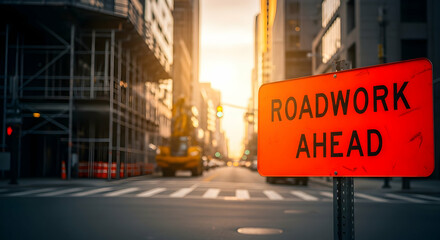 Roadwork Ahead Sign in Urban City Street Construction and Traffic Management